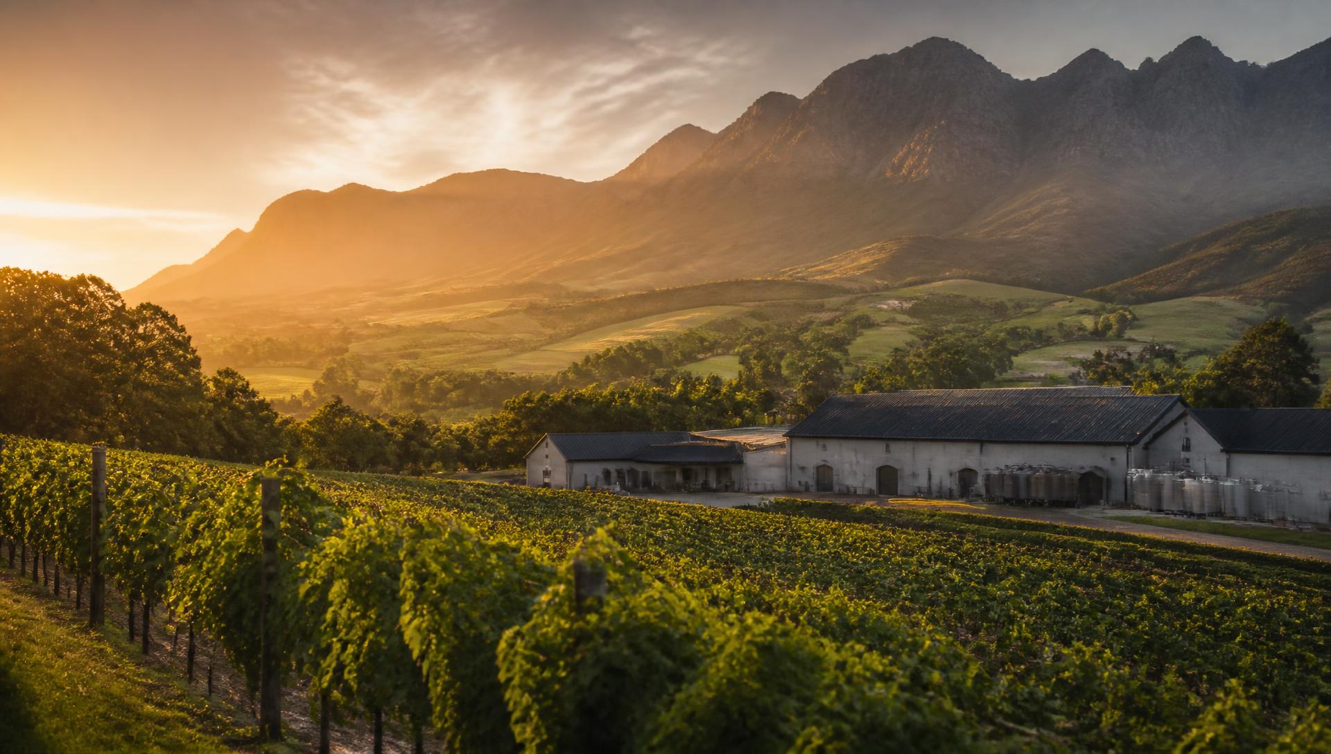 Cape Winelands vineyards and a working cellar at golden hour