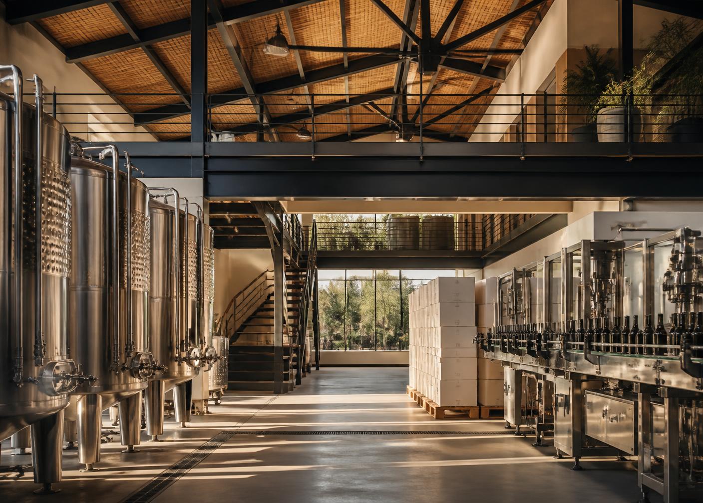 Contemporary South African winery with production tanks, bottling equipment and commercial packaging