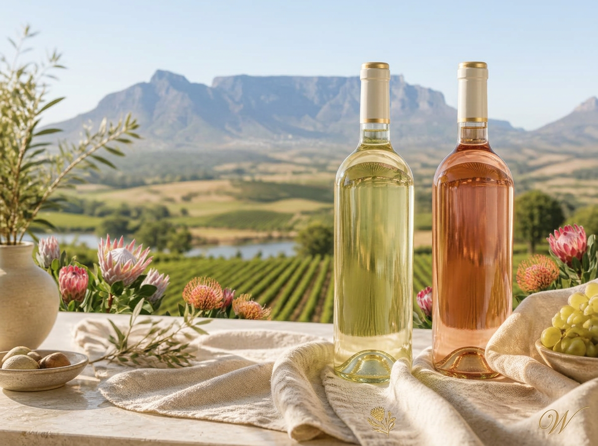 Cape Collection white and rosé wine bottles overlooking Cape Winelands vineyards