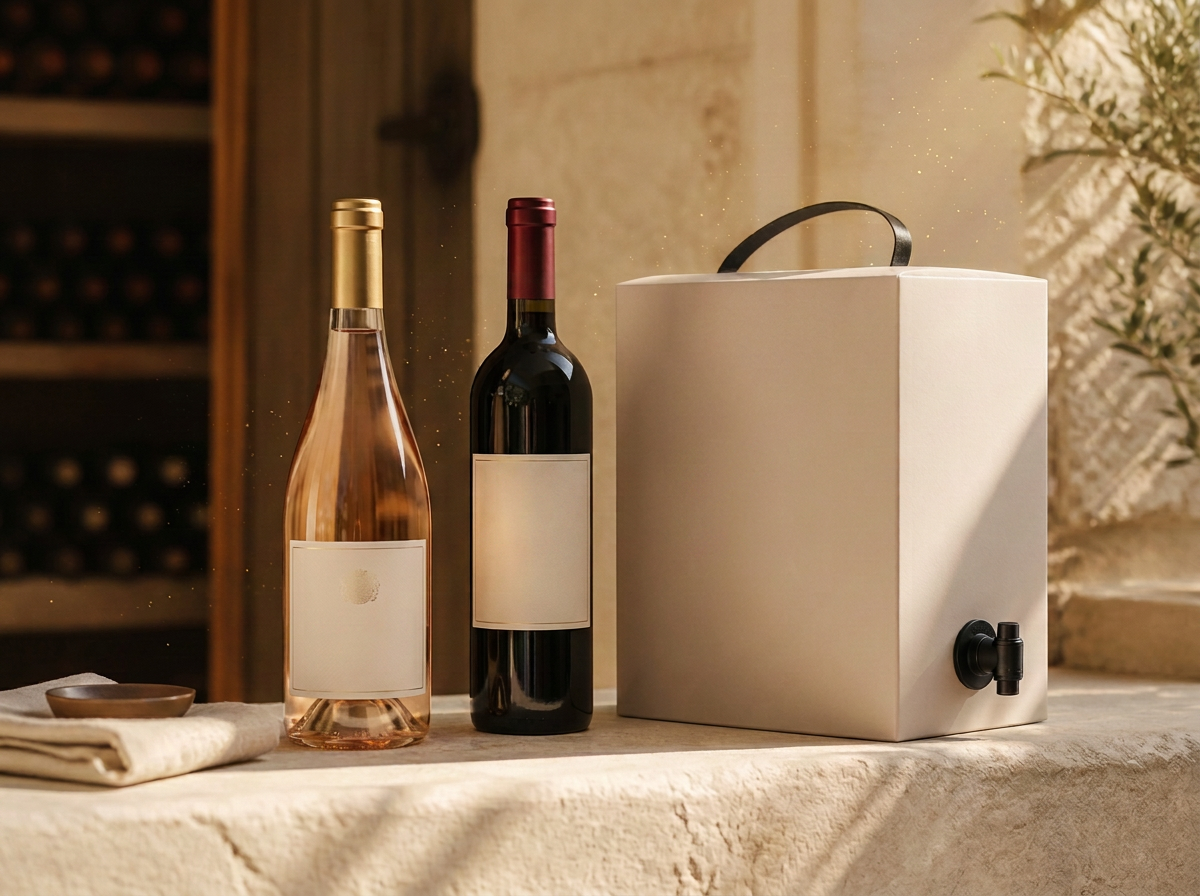 Simply Wine bottles alongside a contemporary bag-in-box carton in warm cellar light