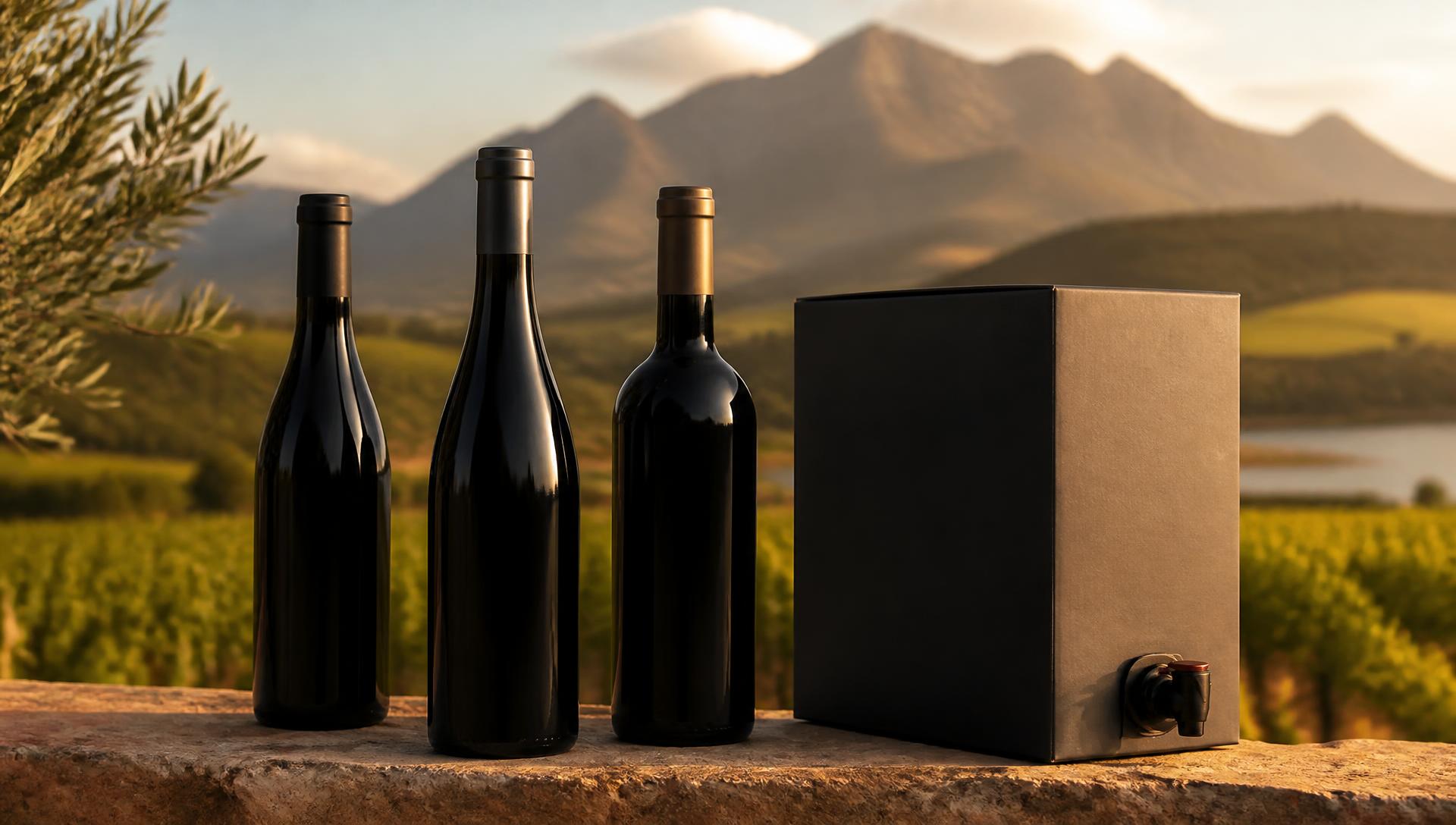 Premium South African wine bottles and a contemporary bag-in-box on a stone ledge overlooking the Cape Winelands