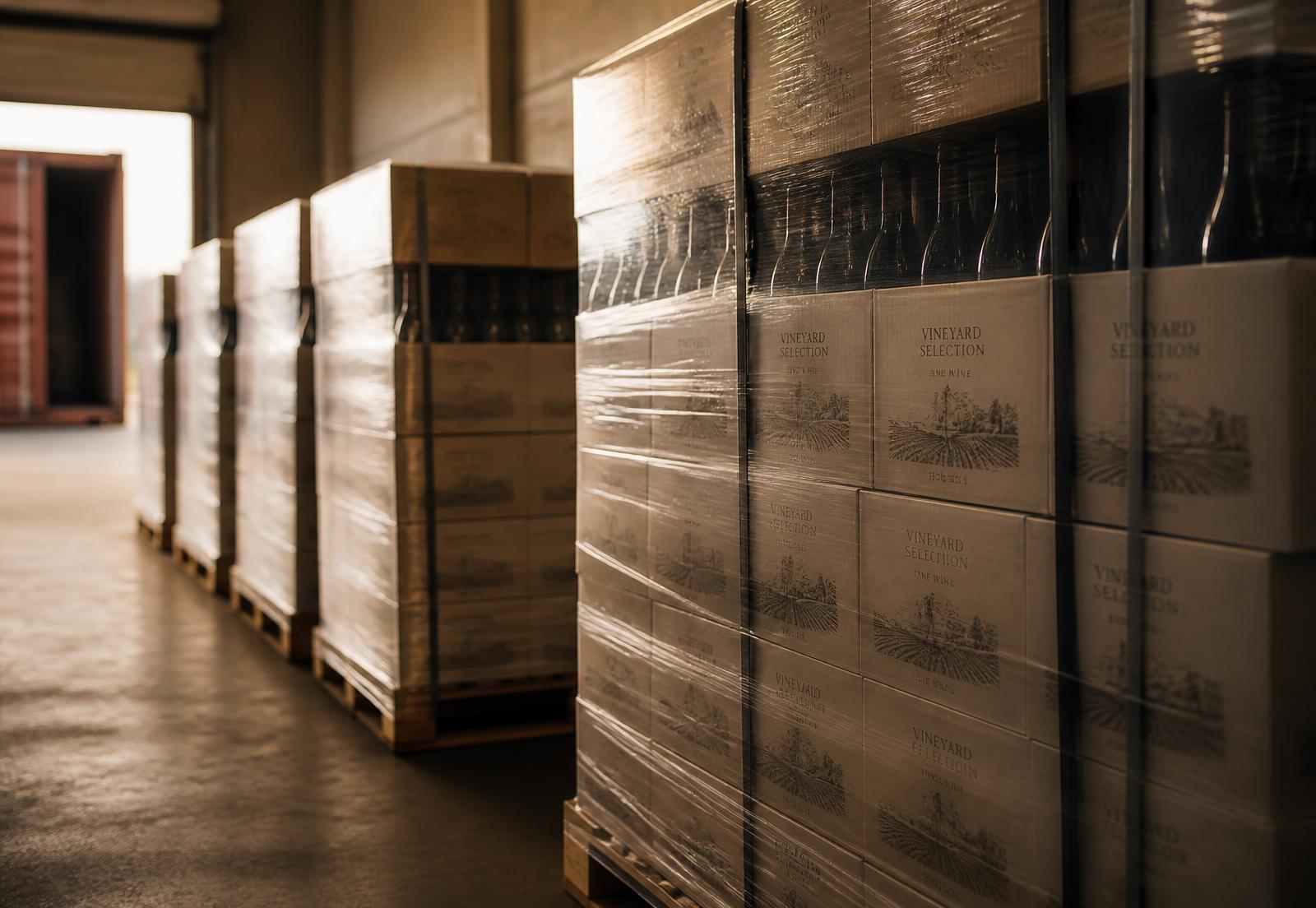 Palletised cases of wine prepared for export in a warehouse