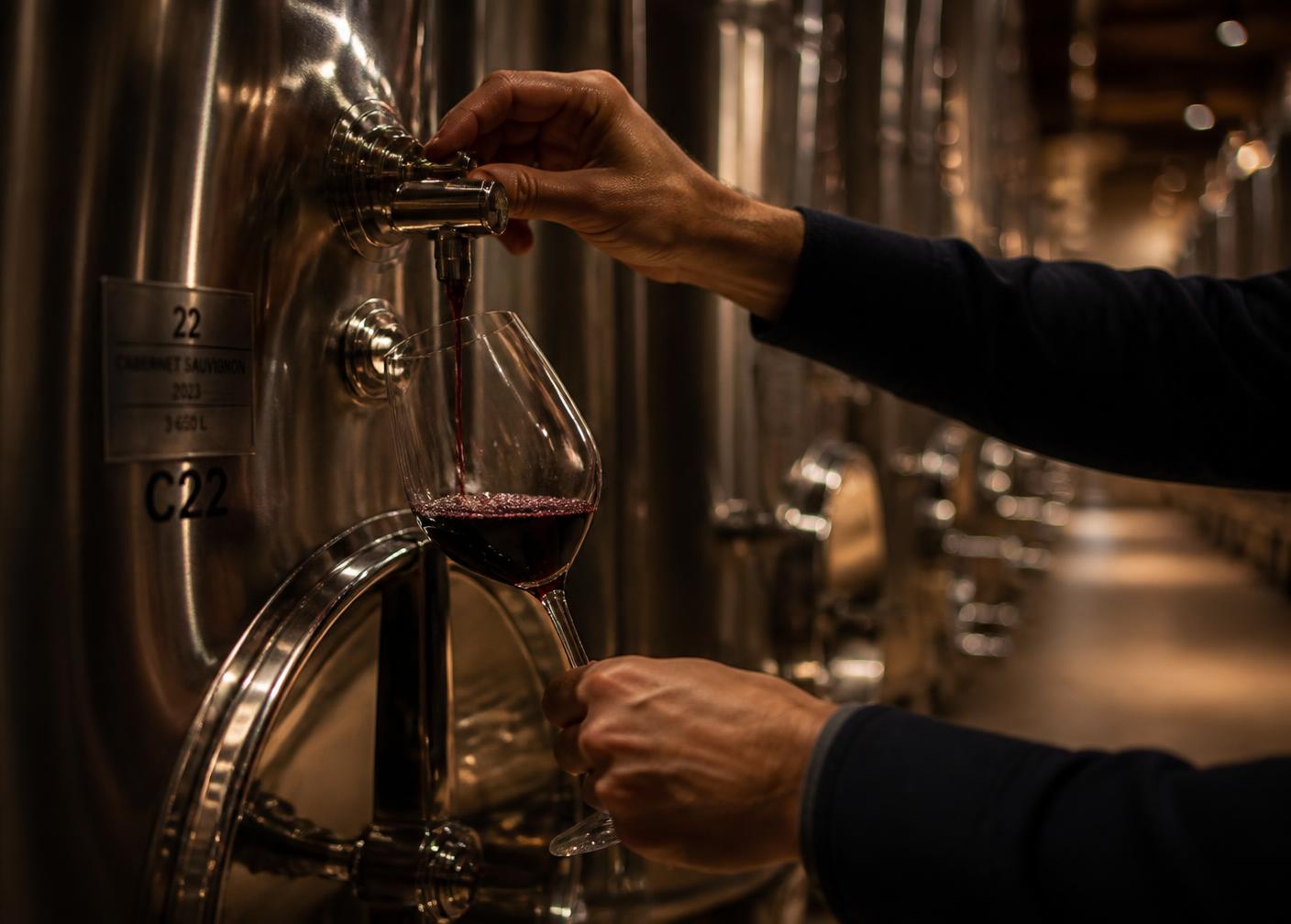 Wine drawn from a stainless-steel winery tank into a tasting glass for evaluation