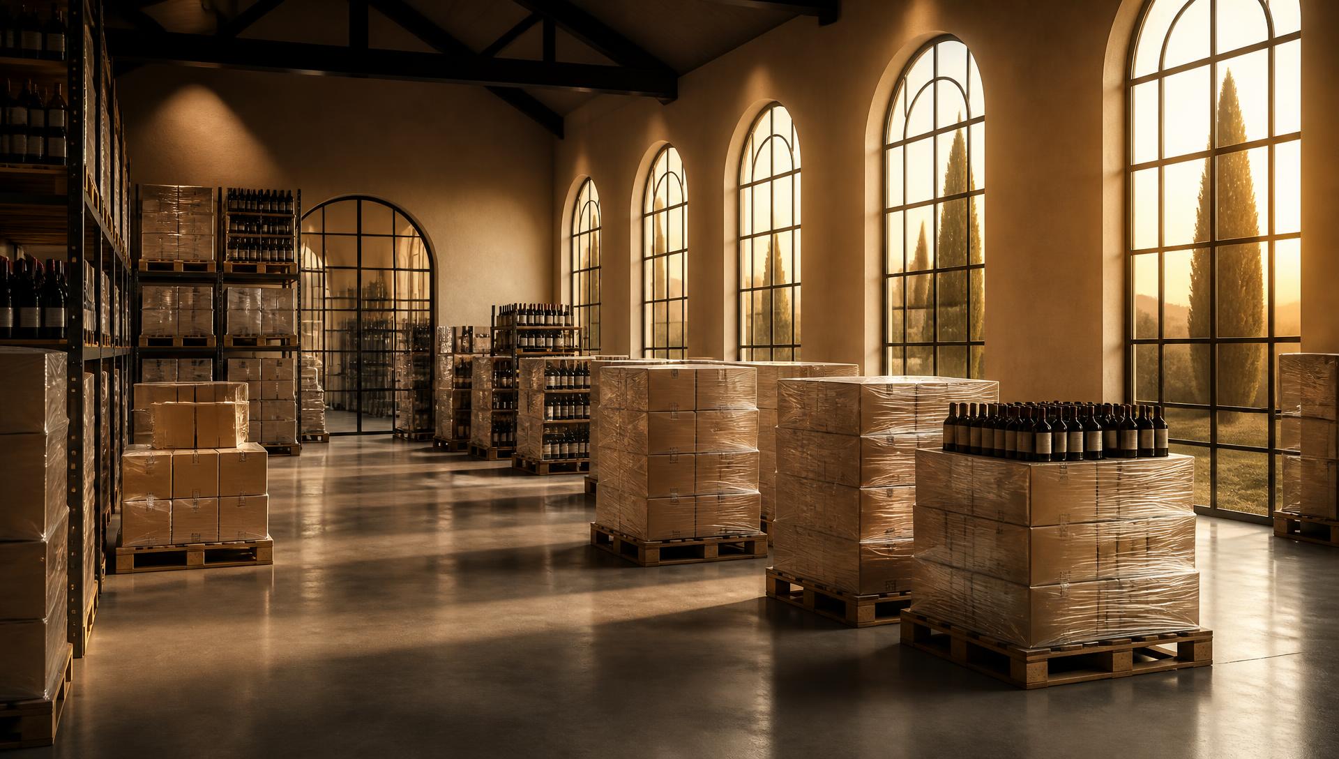 Palletised cases of wine ready for dispatch in a warm, refined distribution warehouse