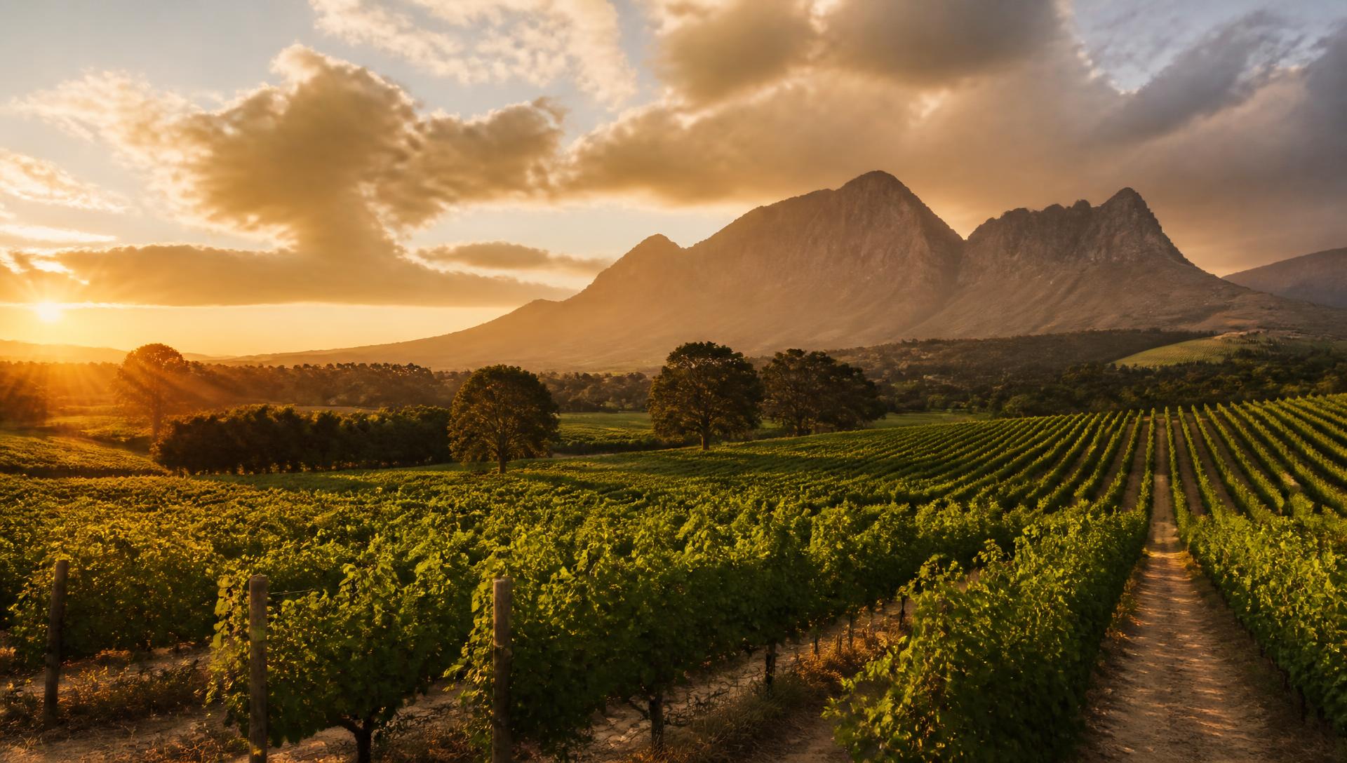 Cape Winelands vineyards at golden hour with mountains beyond