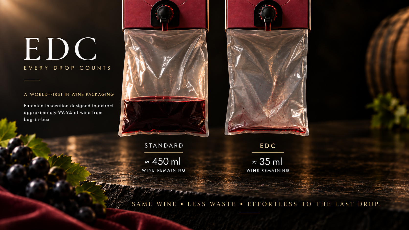 EDC comparison: standard bag-in-box leaves approximately 450 ml of wine remaining, while EDC leaves approximately 35 ml